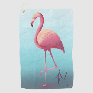 Golf Lover Flamingo Pink Blue  Elegant Monogram  Golf Towel