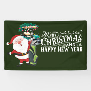 Golf Merry Christmas Santa Claus on green funny Banner