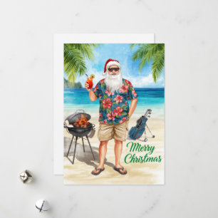 Golf Merry Christmas Santa Golfer Beach themed Holiday Card