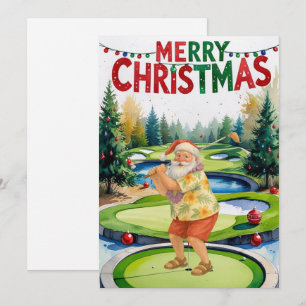 Golf Merry Christmas Santa golfing on course  Holiday Card