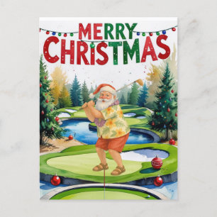 Golf Merry Christmas Santa golfing on course  Holiday Postcard
