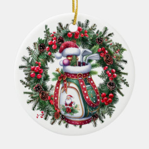 Golf Merry Christmas with golf bag and wreath Ceramic Ornament