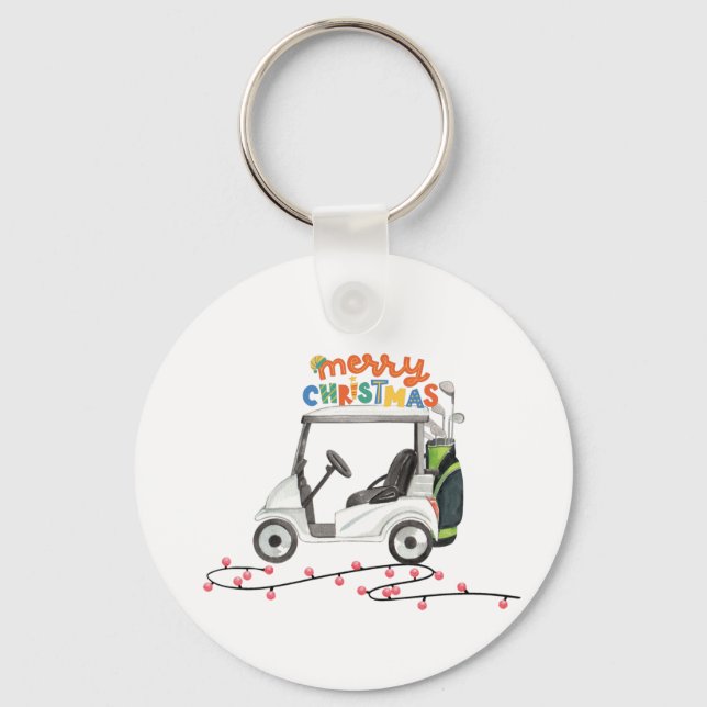 Golf Merry Christmas with golf bag cart  Keychain (Front)