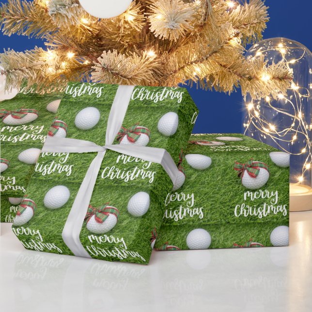 Golf Merry Christmas with golf ball on green Wrapping Paper (Holidays)