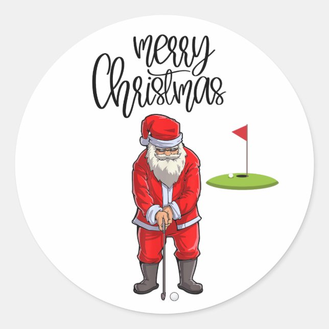 Golf Merry Christmas with Santa Claus at flag  Classic Round Sticker (Front)