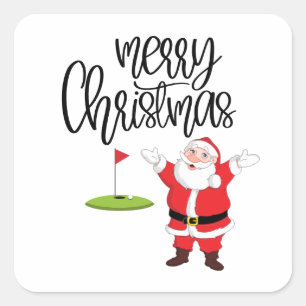 Golf Merry Christmas with Santa Claus at flag Square Sticker