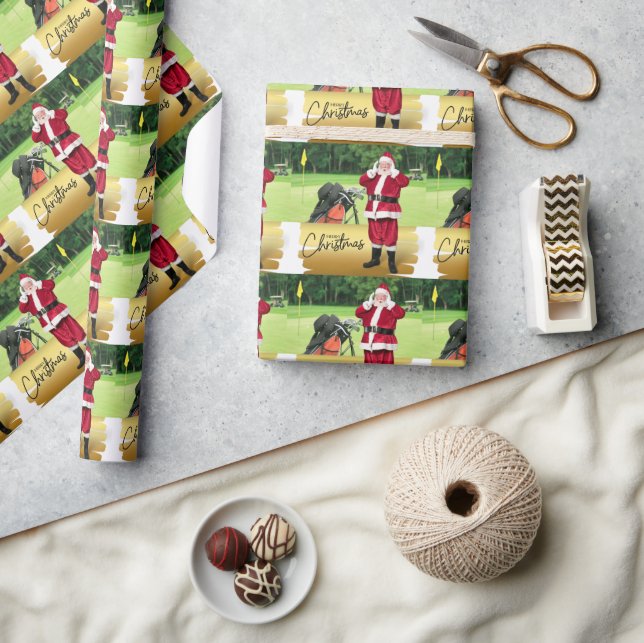 Golf Merry Christmas with Santa Claus on Green  Wrapping Paper (Crafts)