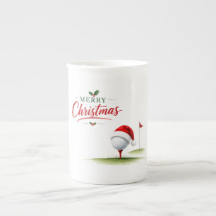 Golf Merry Christmas with Santa Hat Bone China Mug