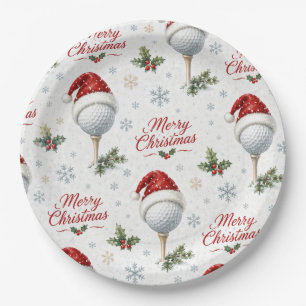 Golf Merry Christmas with Santa Hat Paper Plate