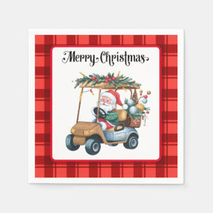 Golf Merry Christmas with Santa riding golf cart Napkin