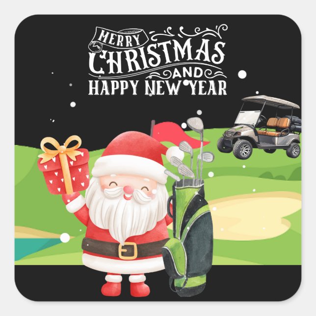 Golf Merry Christmas with Santa riding golf cart  Square Sticker (Front)