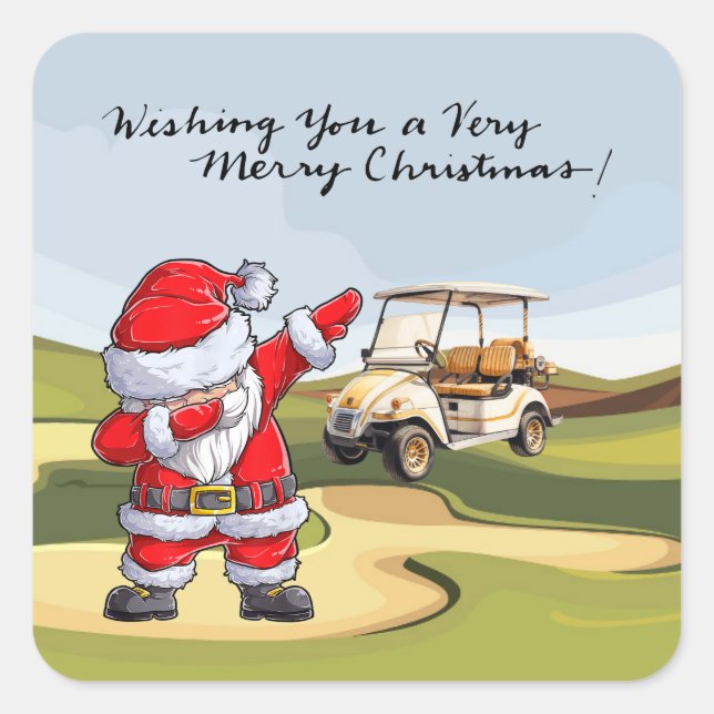 Golf Merry Christmas with Santa riding golf cart  Square Sticker (Front)