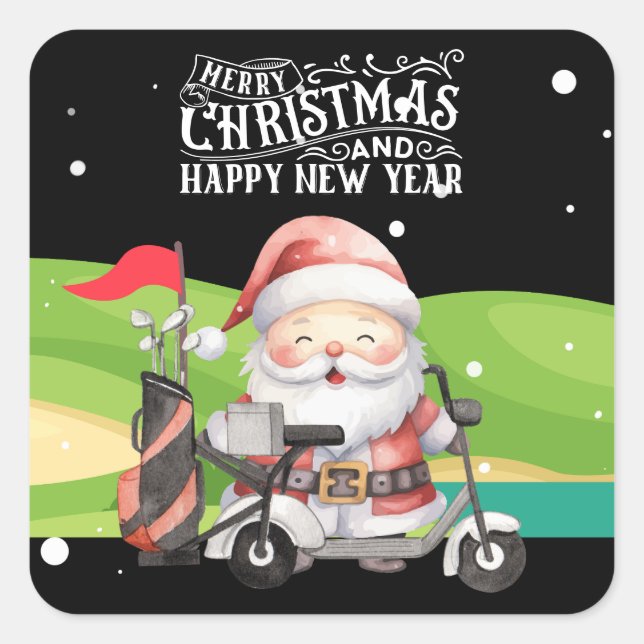 Golf Merry Christmas with Santa riding golf cart  Square Sticker (Front)