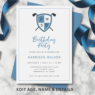 Golf Modern 50th Adult Birthday Party Stylish Blue Invitation