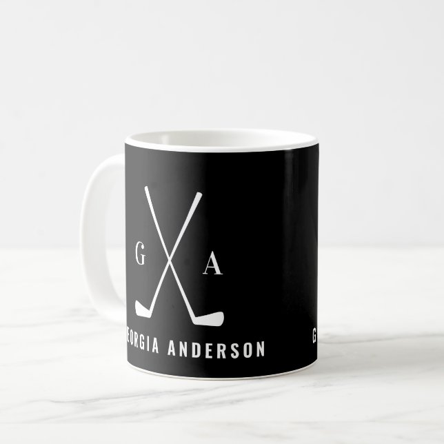Golf modern typography initial monogram black coffee mug (Front Left)