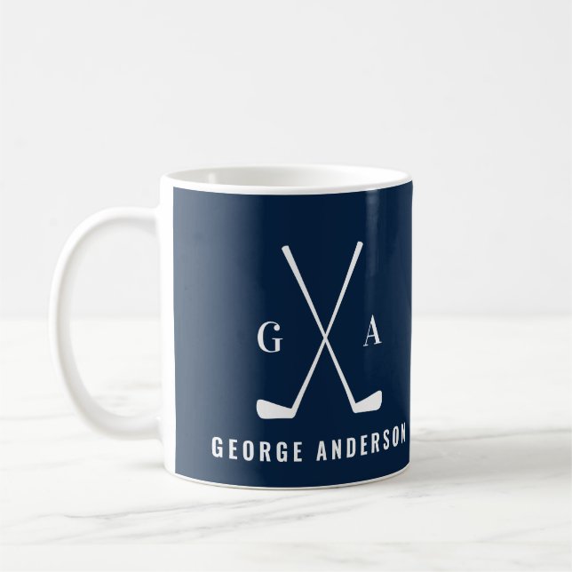 Golf modern typography initial monogram navy blue coffee mug (Left)