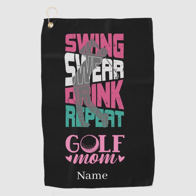 Golf Mom Swing Swear Repeat on Black  Golf Towel (Front)