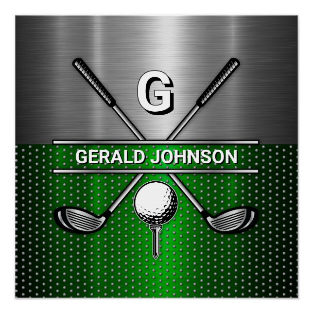 Golf Monogram Metallic Green and Silver Poster (Front)