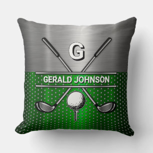 Golf Monogram Metallic Green and Silver Throw Pillow
