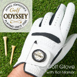 Golf Odyssey Personalized Name Fun Logo Golf Glove<br><div class="desc">This stylish golf glove with a personalized ball marker,  makes a fun gift for all golfers on the eternal quest of the fairway! This custom design includes the player's name and length of time they've been playing. Perfect for birthdays,  holidays,  anniversaries,  retirement and more!  Colours: black,  white and gold.</div>