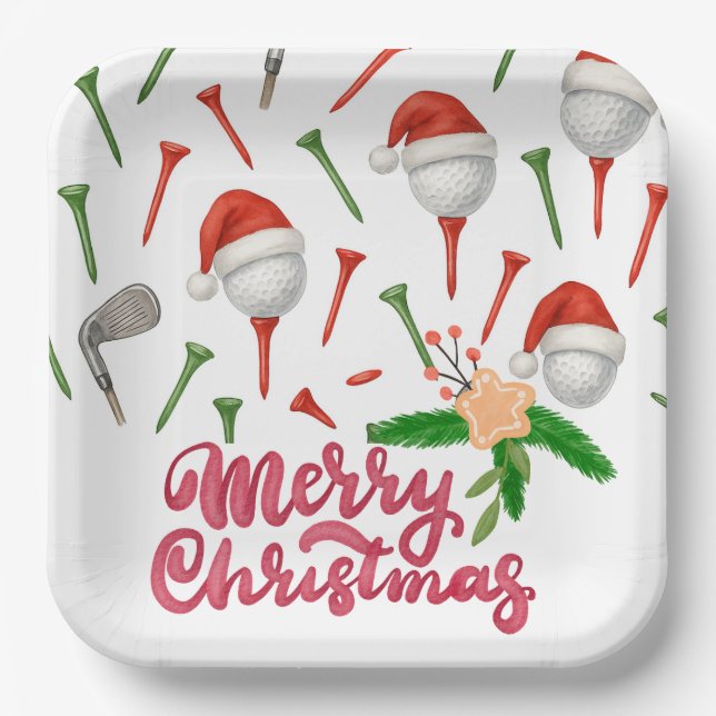 Golf Par tee party Santa Hat Christmas funny  Paper Plate (Front)
