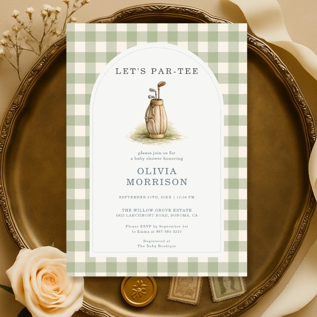 Golf Par-Tee Sage Green Gingham Baby Shower Invitation (Creator Uploaded)