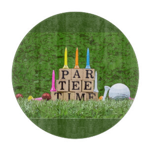 Golf Par Tee time with blue ribbon on green  Cutting Board