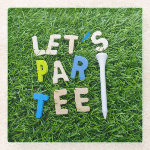 Golf Par tee with word fof golfer party on green Glass Coaster