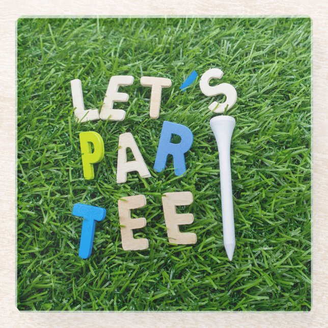 Golf Par tee with word fof golfer party on green Glass Coaster (Front)