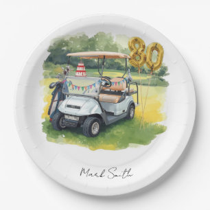Golf Party  80th Birthday with golf cart on green  Paper Plate