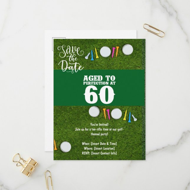 Golf Party invitation Save the Date 60th Birthday Postcard (Front/Back In Situ)