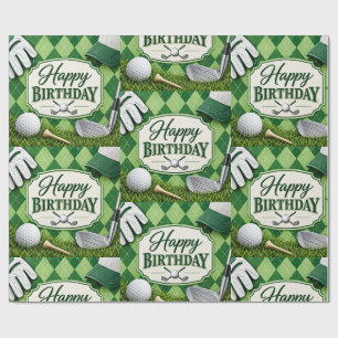 Golf Party Par Tee Green Argyle Happy Birthday Wrapping Paper