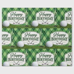 Golf Party Par Tee Green Argyle Happy Birthday Wrapping Paper