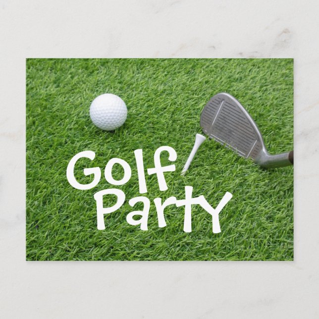 Golf Party with golf ball and tee on green grass Invitation Postcard (Front)