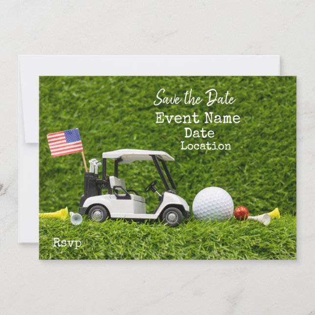 Golf Party with golf cart and flag of America Save The Date (Front)