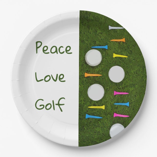 Golf peace love birdies with golf ball and tees paper plate (Front)