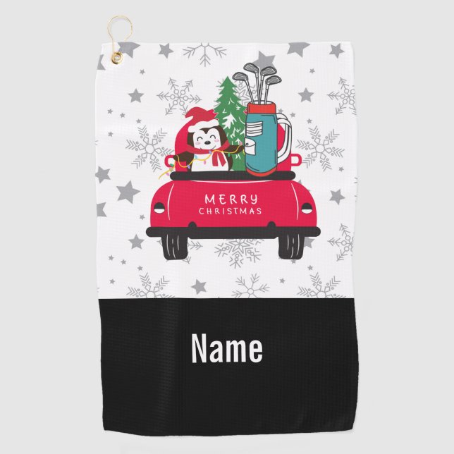 Golf Penguin golfer with golf cart Merry Christmas Golf Towel (Front)