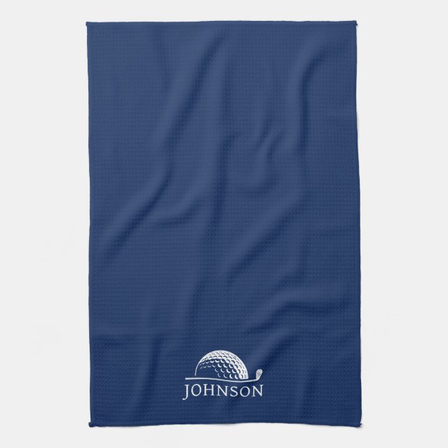 Golf Personalized Name Navy Blue Kitchen Towel (Vertical)