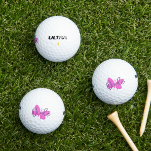 Golf pink butterfly and purple script name golf balls