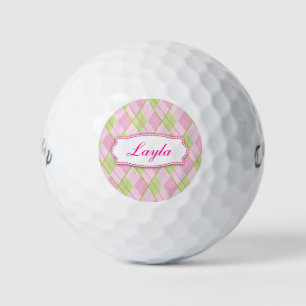 Golf pink plaid personalized named golf balls