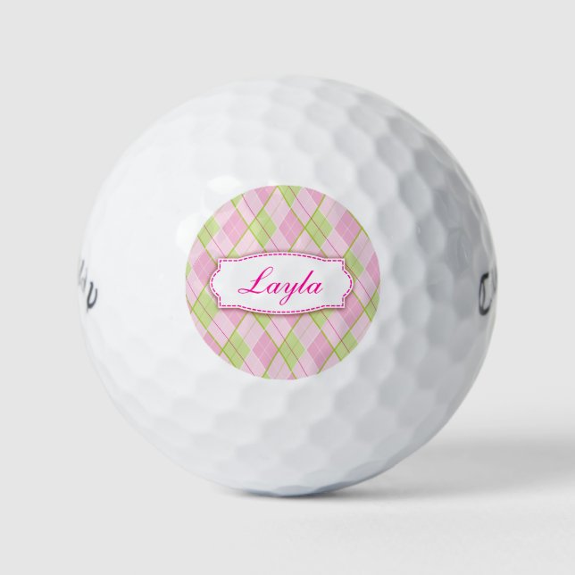 Golf pink plaid personalized named golf balls (Front)