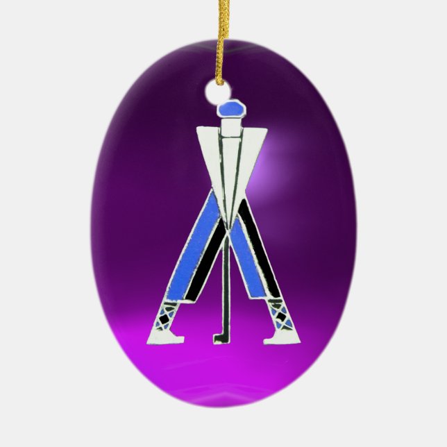 GOLF PLAYER,BLUE GOLFER PURPLE AMETHYST MONOGRAM CERAMIC ORNAMENT (Front)