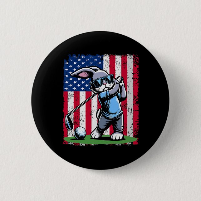 Golf Player Bunny Easter Egg Golfers American Flag 2 Inch Round Button (Front)