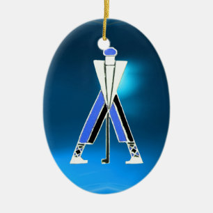 GOLF PLAYER,GOLFER BLUE SAPPHIRE MONOGRAM CERAMIC ORNAMENT