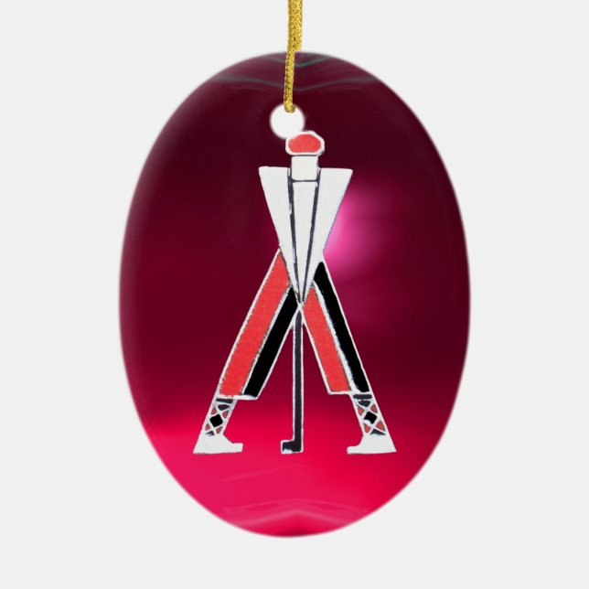GOLF PLAYER,GOLFER RED PINK RUBY MONOGRAM CERAMIC ORNAMENT (Front)