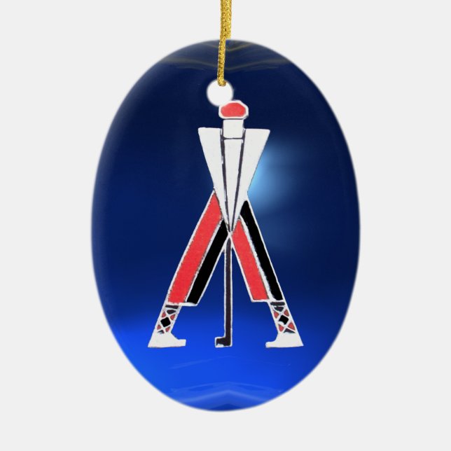 GOLF PLAYER,GOLFER RED RUBY,BLUE SAPPHIRE MONOGRAM CERAMIC ORNAMENT (Front)