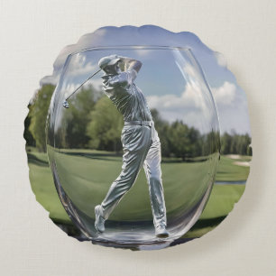 Golf Player In A Glass Tumbler With Golf Course, Round Pillow