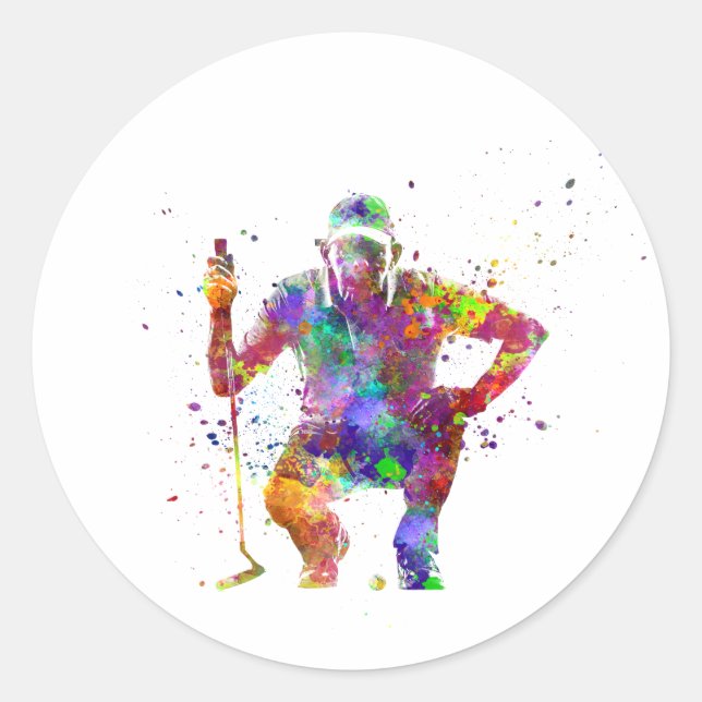 Golf player in watercolor classic round sticker (Front)