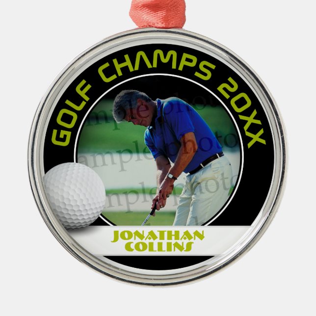 Golf Player Photo | Golf Champs 20XX Metal Ornament (Front)