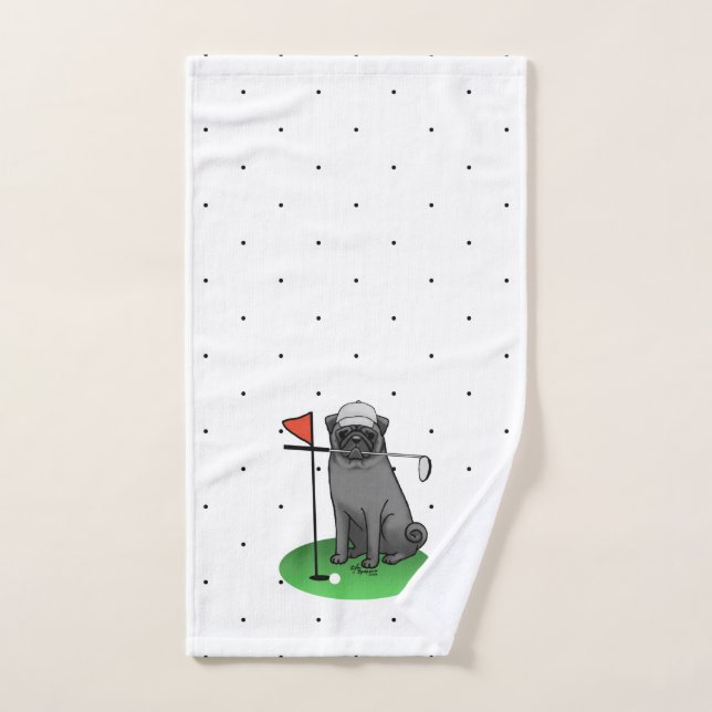 Golf Pug Playing Golf (black) Cute Dog Funny Bath Towel Set (Hand Towel)